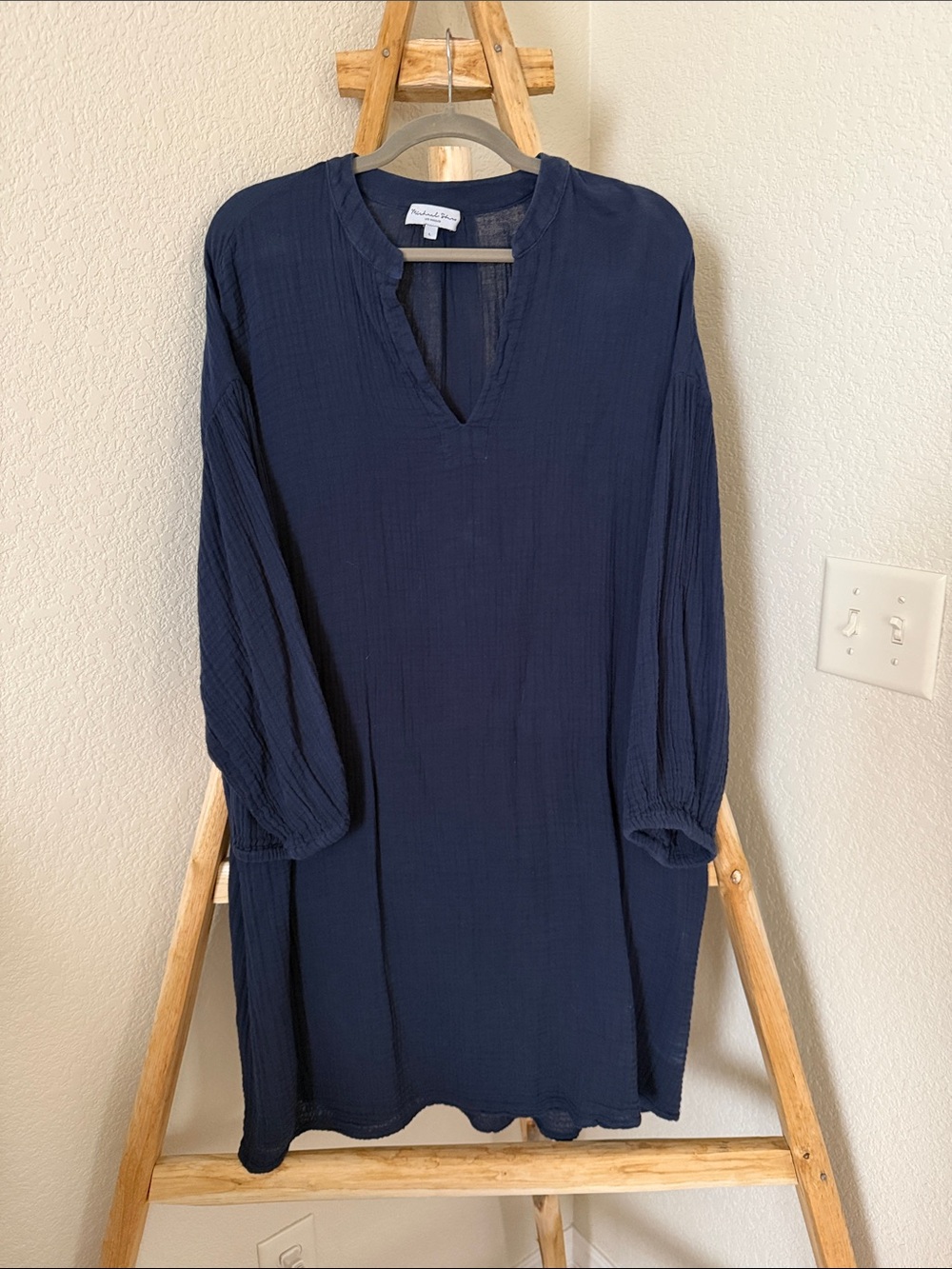 Michael Stars Navy Split V-Neck Long Sleeve Tunic Dress